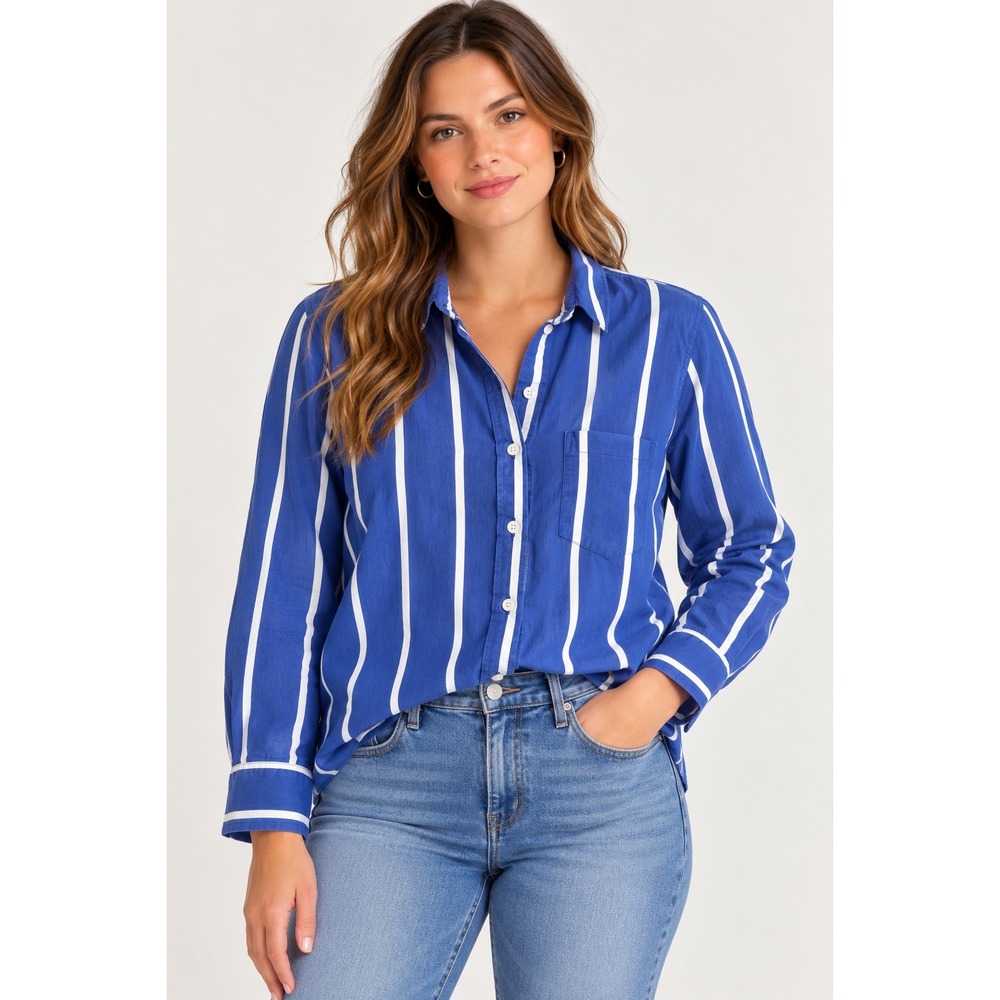 J.Crew Blue White Striped Button Down Shirt BT991 Small Womens Long Sleeve
